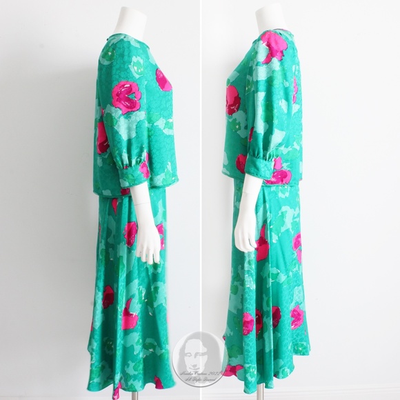 Flora Kung Blouse and Skirt 2pc Set Silk Abstract Floral Print Vintage 80s Sz 8 - Picture 7 of 10